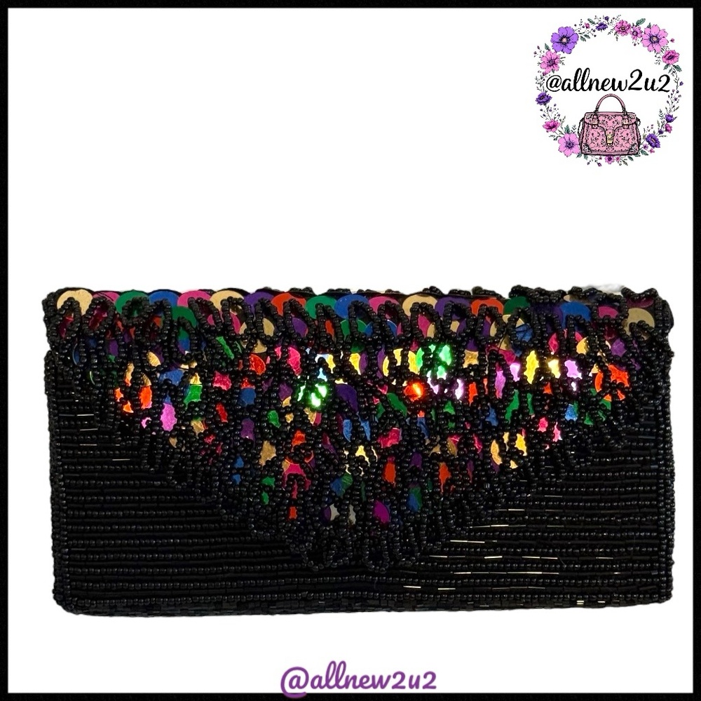 Beaded Sequin Evening Special Occasion Clutch Handbag with Shoulder Strap - Picture 3 of 12